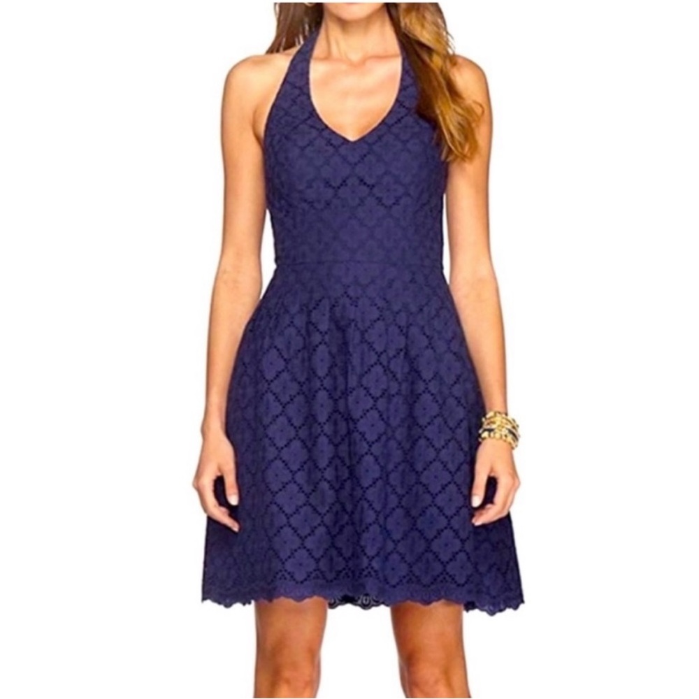 Lilly Pulitzer Charleston Eyelet Halter Mini Navy Blue Dress Womens 0